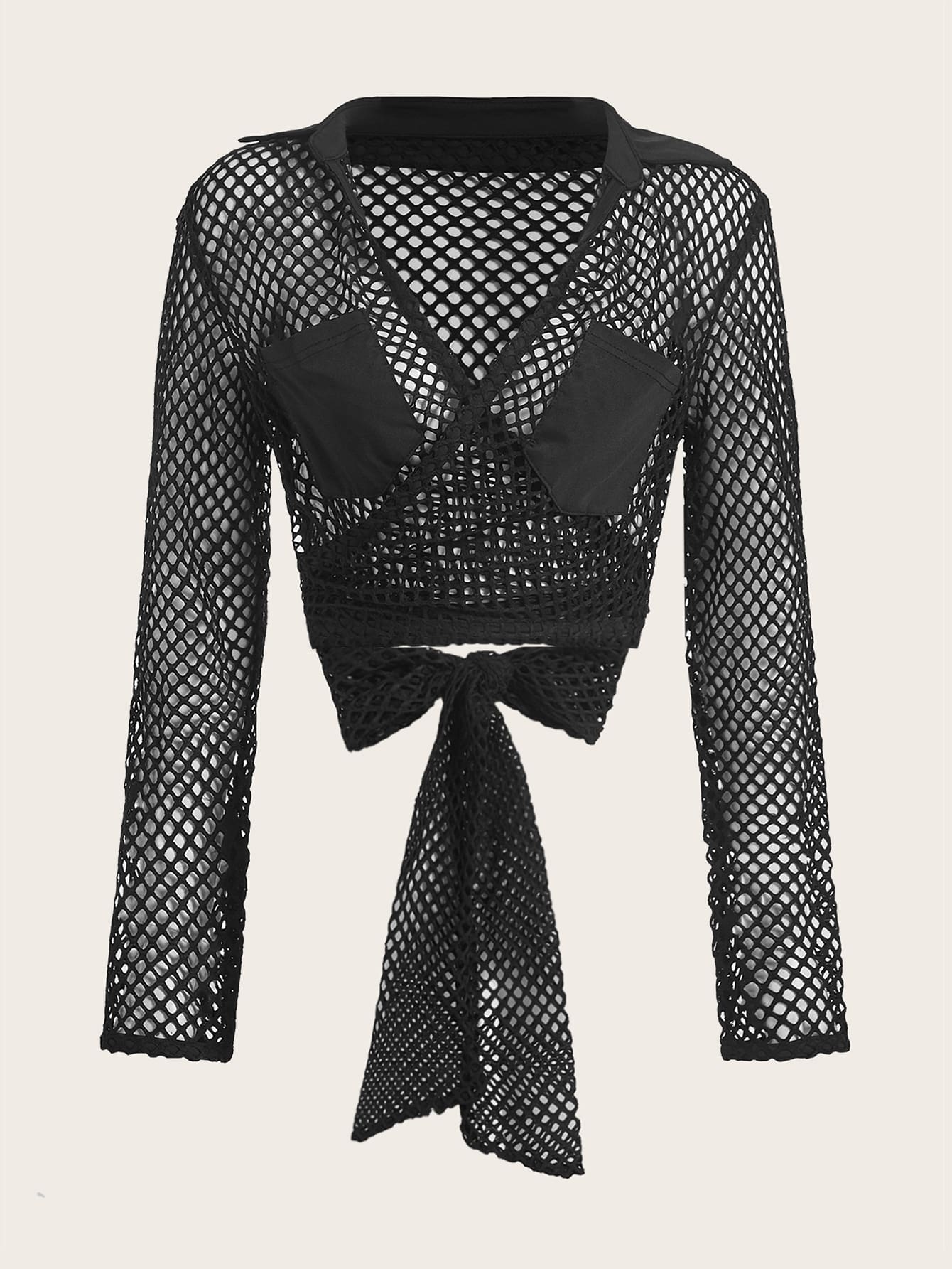 Hollow Out Pocket Patched Crop Top Without Bra
