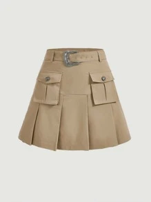 SHEIN MOD Flap Pocket Pleated Skirt - Khaki - View 1