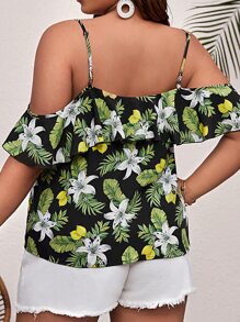 SHEIN VCAY Plus Tropical Print Cold Shoulder Blouse - Multicolor - View 2