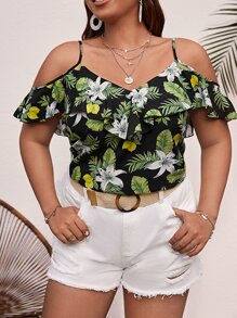 SHEIN VCAY Plus Tropical Print Cold Shoulder Blouse - Multicolor - View 5