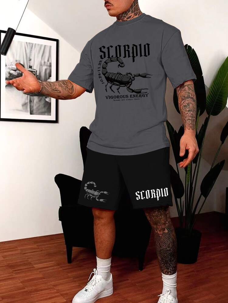 Men Letter Graphic Tee & Drawstring Waist Shorts