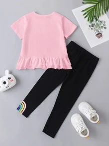 SHEIN Cô Gái Trẻ Đồ họa Chữ cái Viền Ruffle Áo thun và Leggings - Nhiều màu - Xem 2