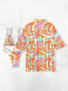 全身印花掛脖三角夏季海灘比基尼套裝（含和服） - 彩色 - 查看 3