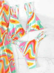 全身印花掛脖三角夏季海灘比基尼套裝（含和服） - 彩色 - 查看 5
