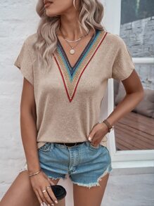 SHEIN LUNE Contrast Lace Dolman Sleeve Tee - Apricot - View 1