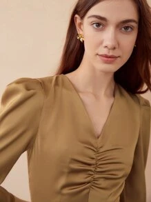 MOTF PREMIUM SATIN PUFF SLEEVE MIDI DRESS - Khaki - View 3