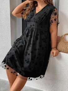 SHEIN LUNE Plus Floral Mesh Overlay Butterfly Sleeve Dress - Black - View 4