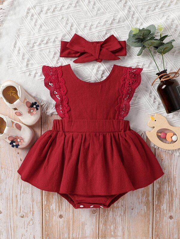 SHEIN Vintaside Kids Baby Girl Guipure Lace Trim Combo Bodysuit Dress & Accessory Headband