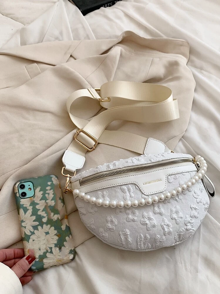 Jacquard Faux Pearl Decor Waist Bag - White - View 7