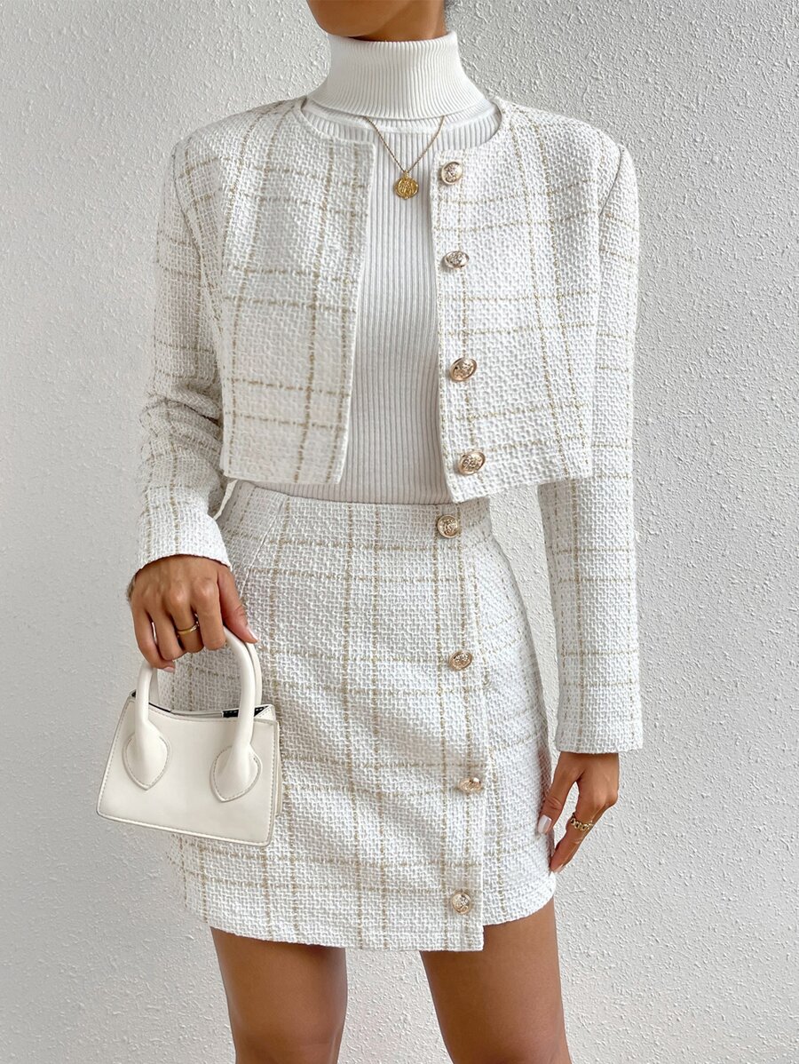 RosyDaze 格子印花短款夹克和前排纽扣裙，女士优雅纽扣常规版型白色常规袖夹克裙女式两件套服装，春季/秋季，职业/商务装/工作服