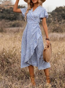 Breezaya Ditsy Floral Surplice Neck Ruffle Hem Dress Maxi Women Outfit - Blue - View 3