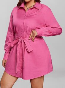 SHEIN SXY Vestido con botón delantero con cinturón con abertura trasera - Rosa - Ver 4