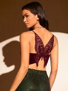 SHEIN BAE Butterfly Embroidery Mesh Back Velvet Cami Top - Maroon - View 2