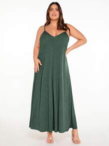 SHEIN BASICS Plus Solid Cami Dress - Dark Green - View 3