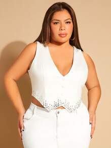 SHEIN SXY Plus Rhinestone Button Front Crop Vest Blazer - White - View 1