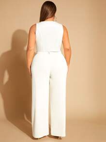 SHEIN SXY Plus Rhinestone Button Front Crop Vest Blazer - White - View 2