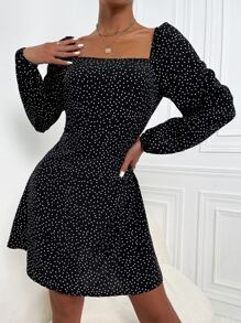 Chiquease Polka Dot Lantern Sleeve Square Neck Dress - Black - View 3