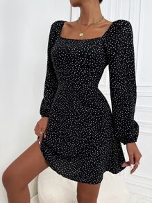 Chiquease Polka Dot Lantern Sleeve Square Neck Dress - Black - View 6