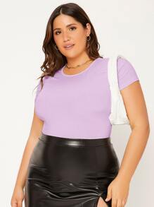 SHEIN BASICS Áo liền quần chặt Kích thước lớn màu trơn Giải trí - Màu Lilac Tím - Xem 3