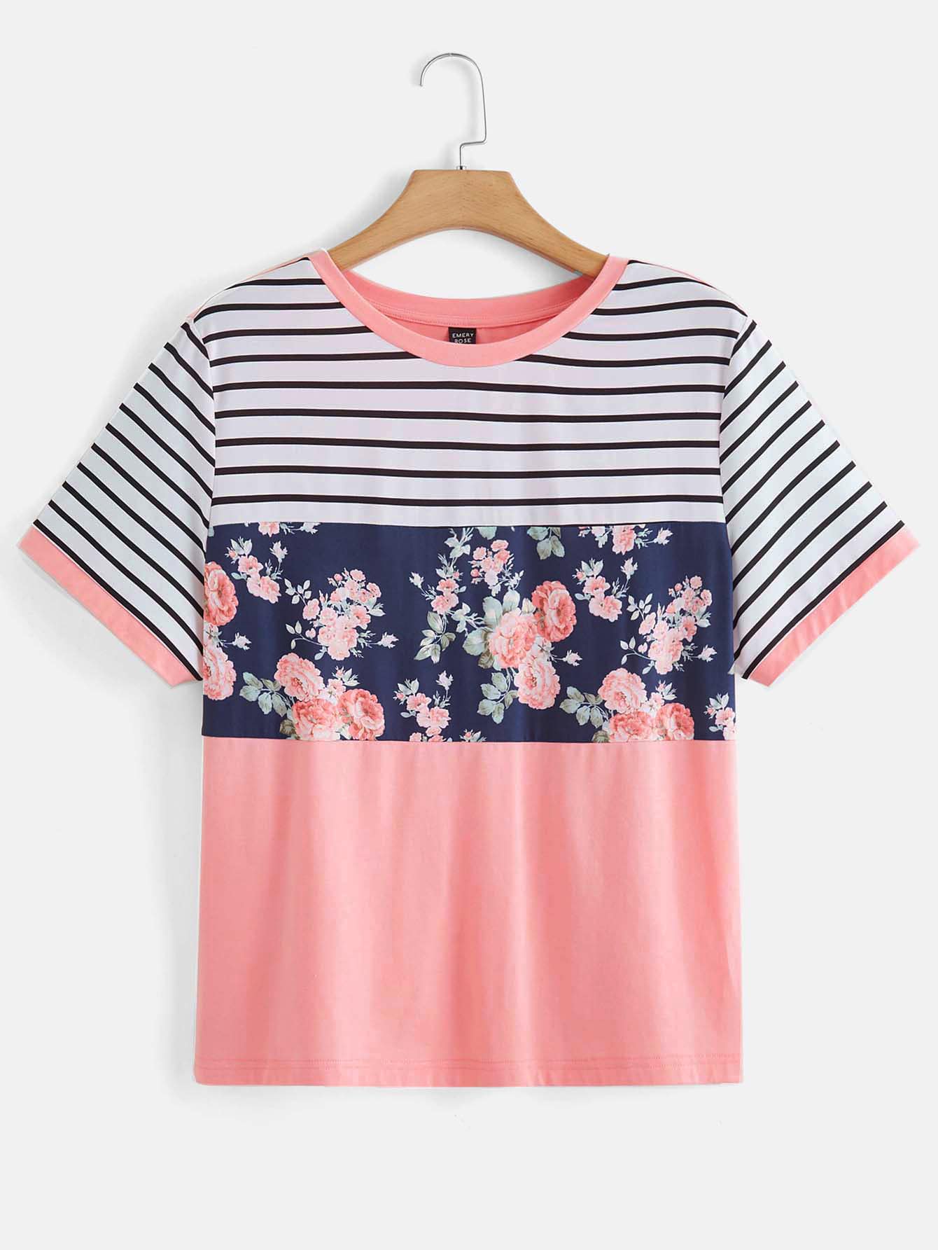 SHEIN LUNE Striped & Floral Print Contrast Binding Tee - Multicolor - View 1