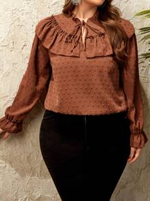 SHEIN Clasi Blusa de lunares ribete con fruncido de cuello con cordón de manga con volante - Óxido marrón - Ver 1