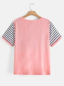 SHEIN LUNE Striped & Floral Print Contrast Binding Tee - Multicolor - View 2