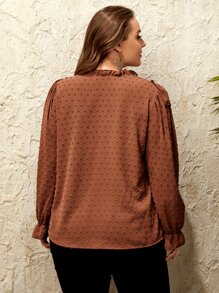 SHEIN Clasi Blusa de lunares ribete con fruncido de cuello con cordón de manga con volante - Óxido marrón - Ver 2