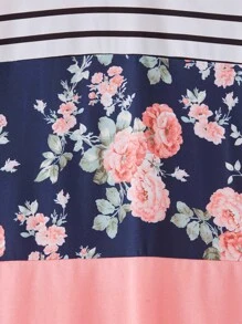 SHEIN LUNE Striped & Floral Print Contrast Binding Tee - Multicolor - View 7