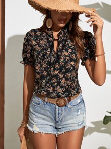 SHEIN Clasi Floral Print Tie Neck Puff Sleeve Blouse,Short Sleeve Tops