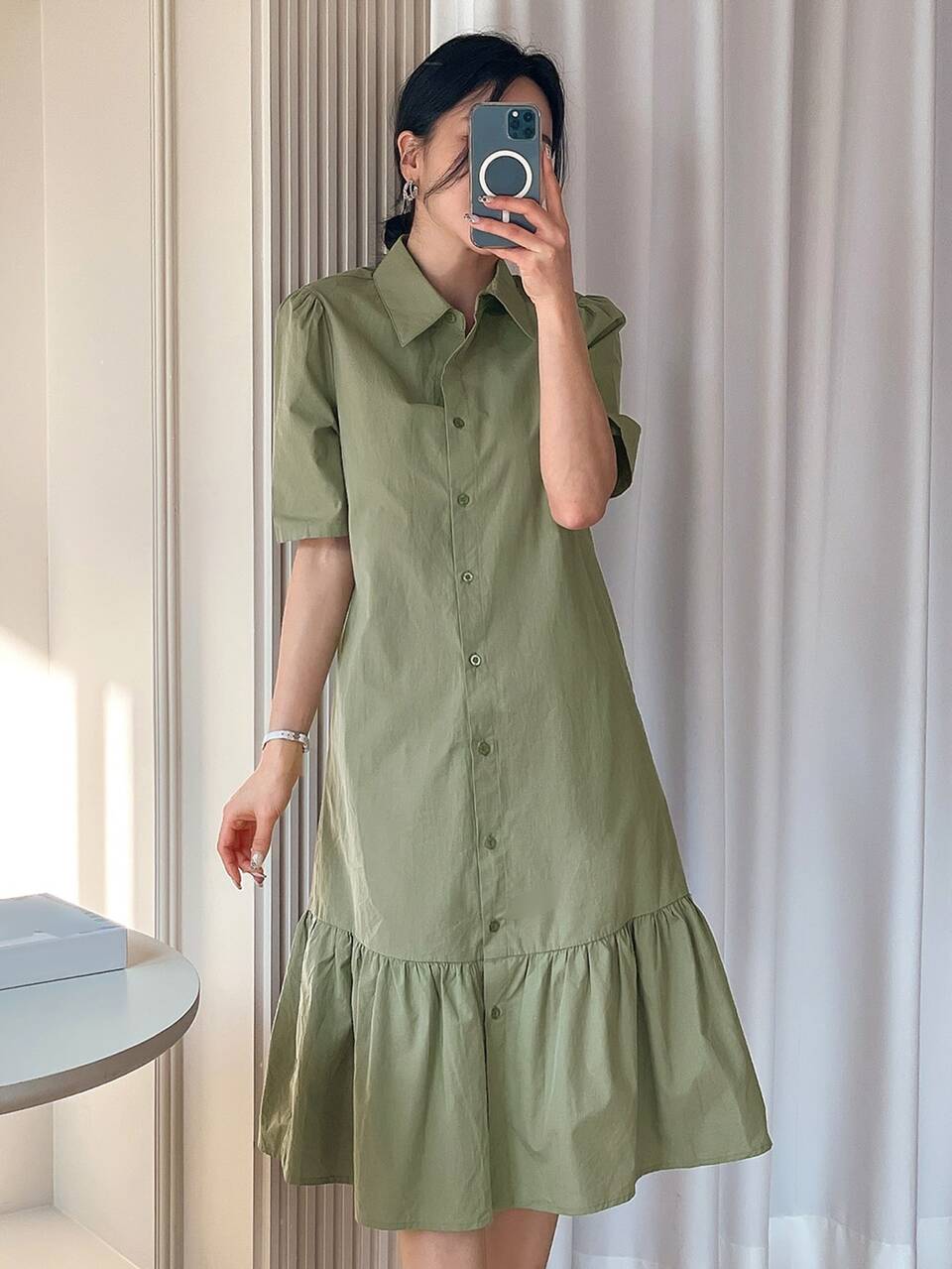 Solid Ruffle Hem Shirt Dress Sundress