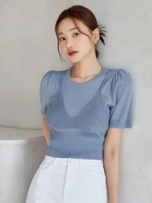 DAZY Áo dệt kim nữ màu trơn Giải trí - Màu xanh lam - Xem 4