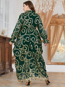 Al Najma 大碼滿版印花蕾絲拼接荷葉袖洋裝 - 墨綠色 - 查看 2