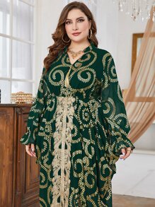 Al Najma 大碼滿版印花蕾絲拼接荷葉袖洋裝 - 墨綠色 - 查看 4