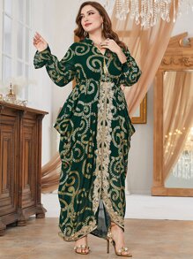Al Najma 大碼滿版印花蕾絲拼接荷葉袖洋裝 - 墨綠色 - 查看 6