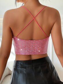 SHEIN BAE 十字交叉金屬質感吊帶短上衣 - 玫紅色 - 查看 2