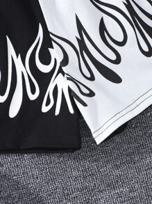 Girls Letter Graphic Contrast Binding Tank Top & Fire Print Shorts - Black and White - View 4
