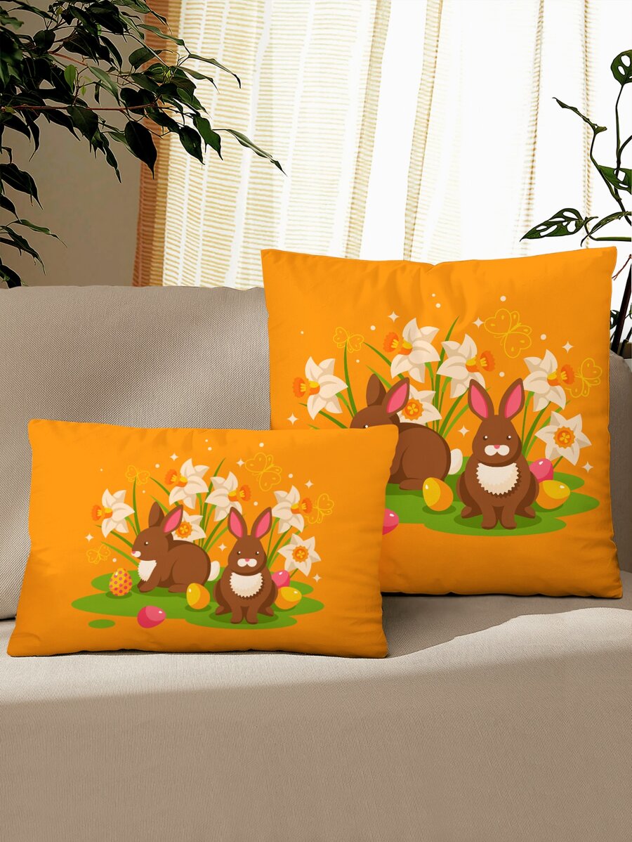 1pc Easter Rabbit & Floral Print Cushion Cover Without Filler - Multicolor - View 1
