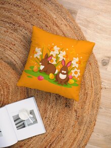 1pc Easter Rabbit & Floral Print Cushion Cover Without Filler - Multicolor - View 4