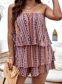 SHEIN Holidaya Plus Floral Print Tube Top & Shorts - Multicolor - View 1