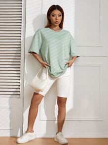 SHEIN EZwear Áo thun nữ màu trơn Giải trí - Màu xanh Bạc hà - Xem 4