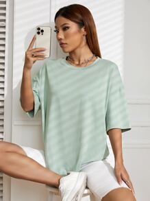 SHEIN EZwear Áo thun nữ màu trơn Giải trí - Màu xanh Bạc hà - Xem 7