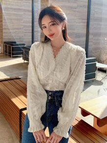 DAZY Blusa Sólida De Manga Con Volantes Y Botones Delanteros - Beis - Ver 1