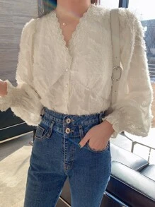 DAZY Blusa Sólida De Manga Con Volantes Y Botones Delanteros - Beis - Ver 3