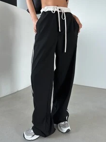 DAZY 束口腰帶對比條紋寬腳褲 - 黑色 - 查看 3