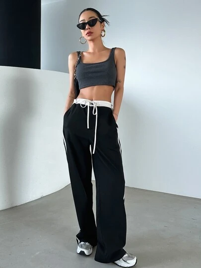 DAZY 束口腰帶對比條紋寬腳褲