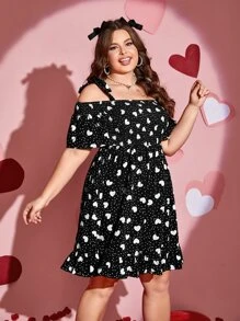 SHEIN Unity Vestido con estampado de corazón de hombros descubiertos con corpiño con fruncido bajo con fruncido - Blanco y Negro - Ver 4
