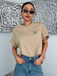 DAZY Letter Graphic Patched Detail Drop Shoulder Tee - Brown - View 1