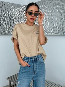 DAZY Letter Graphic Patched Detail Drop Shoulder Tee - Brown - View 3