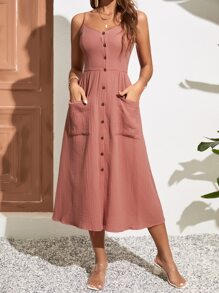 SHEIN VCAY Solid Button Front Cami Dress - Dusty Pink - View 6