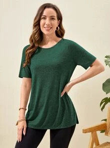 EMERY ROSE Camiseta unicolor bajo con abertura - Verde Oscuro - Ver 3